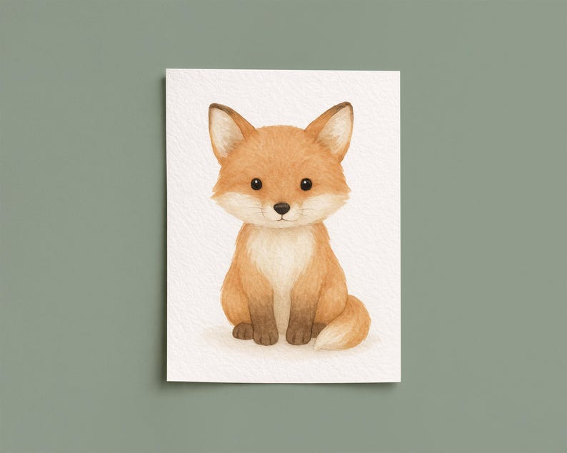 May include: Watercolor illustration of a seated fox. The fox has orange fur with a white chest and belly. It has large, pointed ears and dark eyes. The artwork is on a white background.