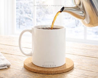 Coffee Mug Mockup PSD | 11oz. White Ceramic Mug Mock Up | Cozy Pouring Scene