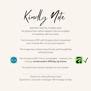 May include: A digital information graphic with a cream background and black text. The header reads Kindly Note, followed by details regarding an instant digital download, PDF access via Dropbox, AI creation, and compatibility with Affinity by Canva.