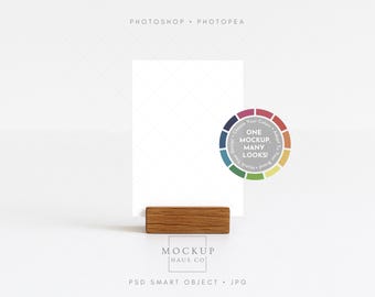 Vertical A6 Card Mockup For Stationery Designers Minimal White Background PSD Template With Wooden Stand For Modern Index Paper Display