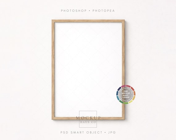 A4 Poster Mockup PSD | Rustic Light Wood Frame Mockup | Passepartout/Mat Option | Color-Changing Wall