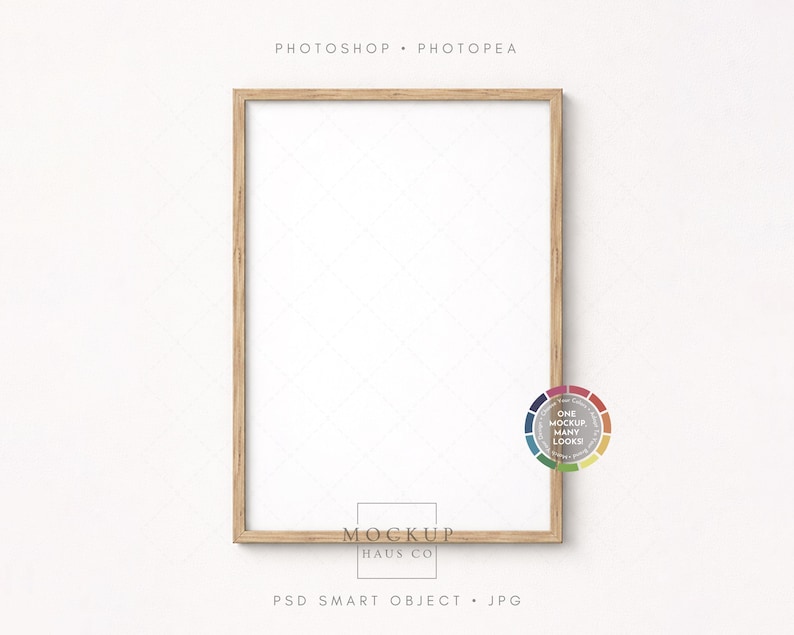 May include: A rectangular wooden picture frame with a white interior, set against a white background. The frame has a natural wood grain finish. Text at the top reads "PHOTOSHOP &bull; PHOTOPEA". A color wheel is on the right. The bottom text reads "PSD SMART OBJECT &bull; JPG".