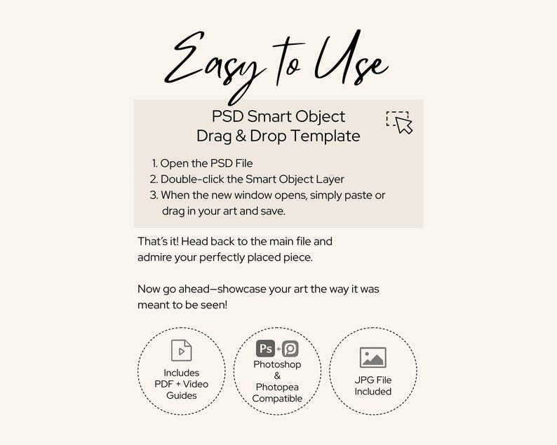 May include: Cream-colored graphic with the words "Easy to Use" in a cursive font. The image details a PSD Smart Object Drag & Drop Template, with instructions and icons indicating PDF guides, Photoshop compatibility, and JPG file inclusion.