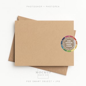 May include: A kraft paper envelope and card mockup, featuring a circular graphic with a colour palette and the text "Choose Your Colors, One Mockup, Many Looks!". The card and envelope are on a white background.
