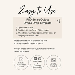 May include: Cream-colored graphic with the words "Easy to Use" in a handwritten font. The image details a PSD Smart Object Drag & Drop Template, with instructions and icons for PDF guides, Photoshop compatibility, and JPG file inclusion.
