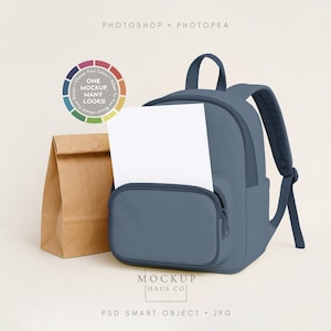 May include: A blue backpack with a front pocket and a brown paper lunch bag. A white sheet of paper is in the backpack. The image includes the text "Photoshop Photopae" and "One Mockup, Many Looks!"