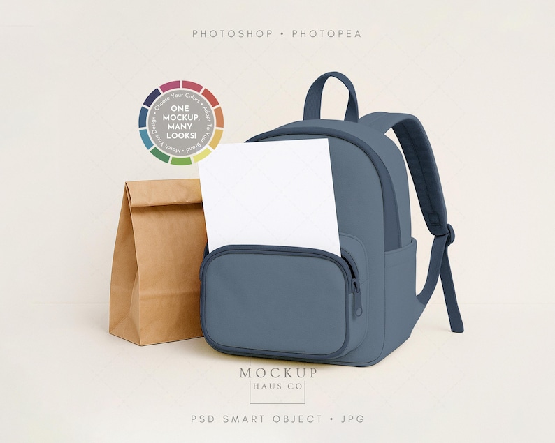 May include: A blue backpack with a front pocket and a brown paper lunch bag. A white sheet of paper is in the backpack. The image includes the text "Photoshop Photopae" and "One Mockup, Many Looks!"