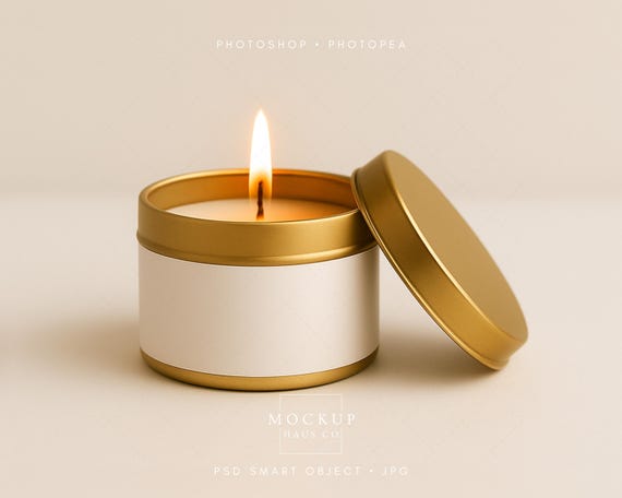 Candle Mockup For Printify Sellers Label Template Photo Realistic Gold Tin Product Display For Branding Packaging Design Presentation