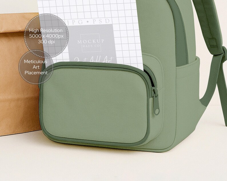 May include: A close-up of a sage green backpack with a front zippered pocket. A white paper with grid lines and text is partially inserted into the pocket. A brown paper bag is on the left. Text on the paper includes "High Resolution" and "Meticulous Art Placement".