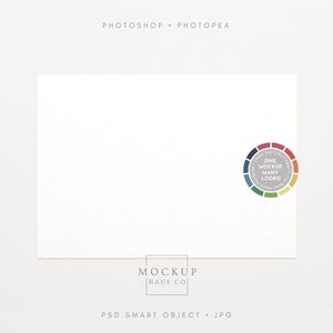 May include: A white rectangular mockup with a subtle diamond pattern. The image includes the text "Photoshop • Photopea" at the top and "Mockup Haus Co" at the bottom. A circular colour palette with the text "One Mockup, Many Looks!" is on the right.