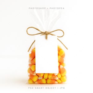 May include: A clear cellophane bag filled with candy corn, tied with twine, and a blank white tag. The candy corn is yellow, orange, and white. The bag is tied at the top with a bow.