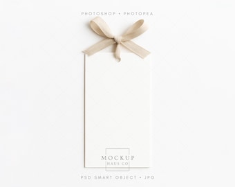 2x3.5" Hang Tag Mockup Neutral Ribbon Tied in a Bow Minimalist Gift or Party Favor Design Display Label Elegant PSD Smart Object Template