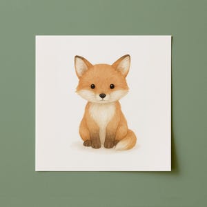 May include: A watercolor illustration of a seated fox. The fox has orange fur with white accents on its chest and belly. It has large, dark eyes and a small, black nose. The artwork is on a white background.
