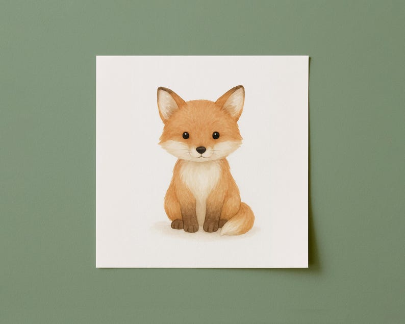 May include: A watercolor illustration of a seated fox. The fox has orange fur with white accents on its chest and belly. It has large, dark eyes and a small, black nose. The artwork is on a white background.