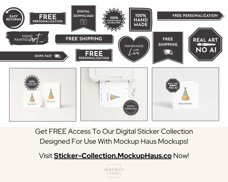May include: An assortment of black and white graphic elements, including banners with text like "Free Shipping" and "Handmade with Love." The image also features birthday cards with party hat illustrations and the text "Happy Birthday!"