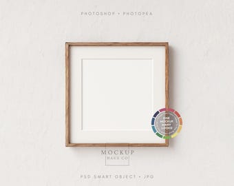Square Frame Mockup PSD Thin Rustic Wood Mock Up | Color Changing Mat and Wall