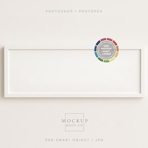 May include: A white rectangular picture frame mockup with a colour wheel and the text "ONE MOCKUP MANY LOOKS". The frame is empty, ready for design insertion. The image also includes the text "PHOTOSHOP • PHOTOPAE" and "MOCKUP HAUS CO".