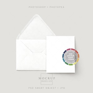 May include: A white stationery mockup with an open envelope, a blank card, and a colour wheel. The text "PHOTOSHOP • PHOTOPEA" is at the top, and "MOCKUP HAUS CO" and "PSD SMART OBJECT • JPG" are at the bottom.