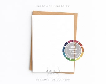 Card Envelope Mockup Card Mockup Greeting Card Mockup Invitation Card Mock Up Folded or Flat Card Mockup 5x7" with Kraft Envelope PSD Smart