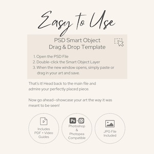 May include: A beige graphic with the words "Easy to Use" in a handwritten font. The image details a PSD Smart Object Drag & Drop Template, with instructions and icons for PDF guides, Photoshop compatibility, and JPG files.