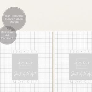 May include: A mockup image featuring two white grid-lined pages. The pages have a light gray square with the text "MOCKUP HAUS CO" and "Just Add Art". Above the pages are two gray circles with text: "High Resolution 5000 x 4000px 300 dpi" and "Meticulous Art Placement".