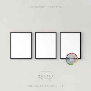 3 Frame Mockup PSD | Set of Three 8.5x11 Thin Black Frames | Color-Changing Single or Double Mat/Wall Options | Panoramic Image Option