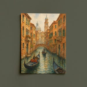 May include: Watercolor painting of a Venetian canal scene. The artwork depicts buildings with orange and yellow facades, green shutters, and arched windows. Gondolas float on the water, and a bridge arches over the canal. A church tower rises in the background.