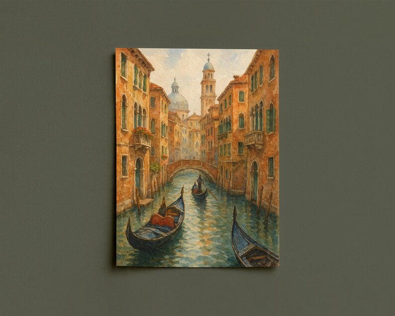 May include: Watercolor painting of a Venetian canal scene. The artwork depicts buildings with orange and yellow facades, green shutters, and arched windows. Gondolas float on the water, and a bridge arches over the canal. A church tower rises in the background.