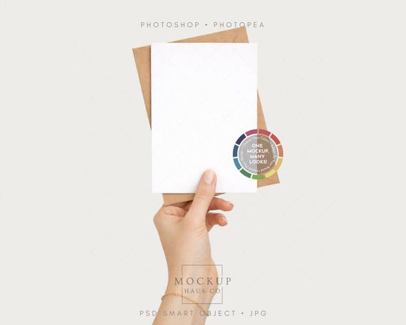 A6 Greeting Card Mockup PSD | Card with Brown Kraft Envelope Hand Held | Color-Changing Background