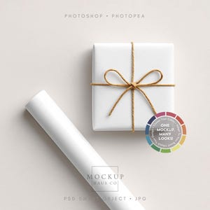 May include: A white square gift box tied with twine, beside a rolled-up white paper. A colour wheel with the text "ONE MOCKUP, MANY LOOKS!" is also present. The words "MOCKUP HAUS CO" and "PSD SMART OBJECT . JPG" are visible.