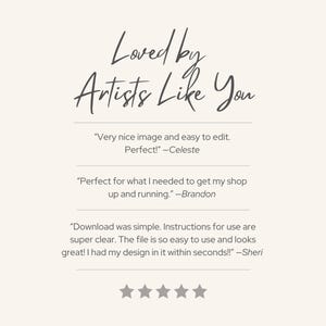 K&ouml;nnte beinhalten: Cremefarbene Grafik mit dem Text "Loved by Artists Like You" in einer handschriftlichen Schriftart. Das Bild enth&auml;lt Kundenreferenzen und Sternebewertungen, was auf eine positive Benutzererfahrung hindeutet.