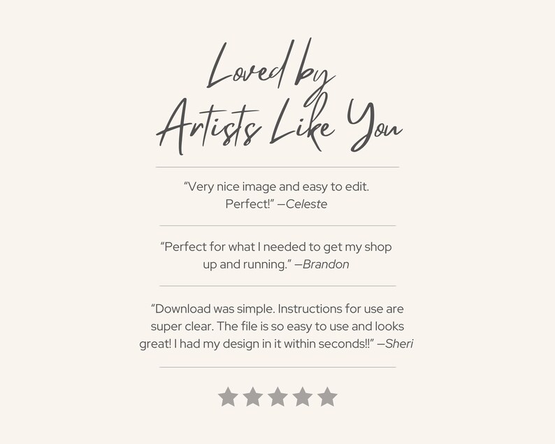 K&ouml;nnte beinhalten: Cremefarbene Grafik mit dem Text "Loved by Artists Like You" in einer handschriftlichen Schriftart. Das Bild enth&auml;lt Kundenreferenzen und Sternebewertungen, was auf eine positive Benutzererfahrung hindeutet.