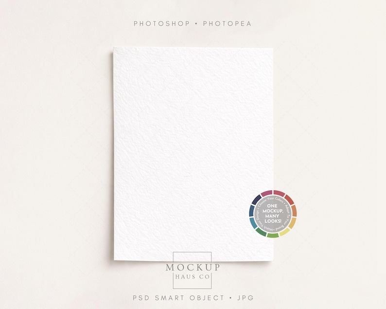 May include: A white textured paper card with rounded corners, set against a soft white background. The card has a subtle, embossed pattern. The image includes text: PHOTOSHOP, PHOTOPAE, MOCKUP HAUS CO, PSD SMART OBJECT, JPG, and a color wheel.