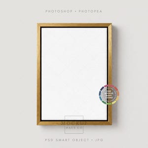 May include: A rectangular canvas art mockup with a gold-colored wooden frame. The canvas is white, and the frame is a warm, light brown. The words "PHOTOSHOP • PHOTOPEA" are at the top, and "PSD SMART OBJECT • JPG" are at the bottom.