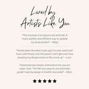 May include: A testimonial graphic with the heading Loved by Artists Like You, featuring three customer reviews from Abby, Larn, and Sheri praising the ease of use and efficiency of the mockup, followed by five black stars at the bottom.