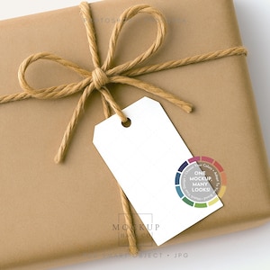 Puede incluir: Un paquete envuelto en papel marrón, atado con hilo y un lazo. Una etiqueta blanca en blanco cuelga del hilo. El paquete está sobre una superficie blanca. Una rueda de color está en la etiqueta.