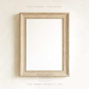 Cottagecore Mockup PSD | DIN-A Rustic Light Wood Frame Mock Up With Cream Damask Wallpaper