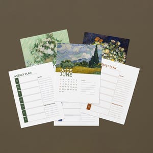 May include: A selection of printed paper items, including a calendar page for June 2025, weekly planner sheets, and art prints featuring floral and landscape paintings. The items are arranged on a brown surface.