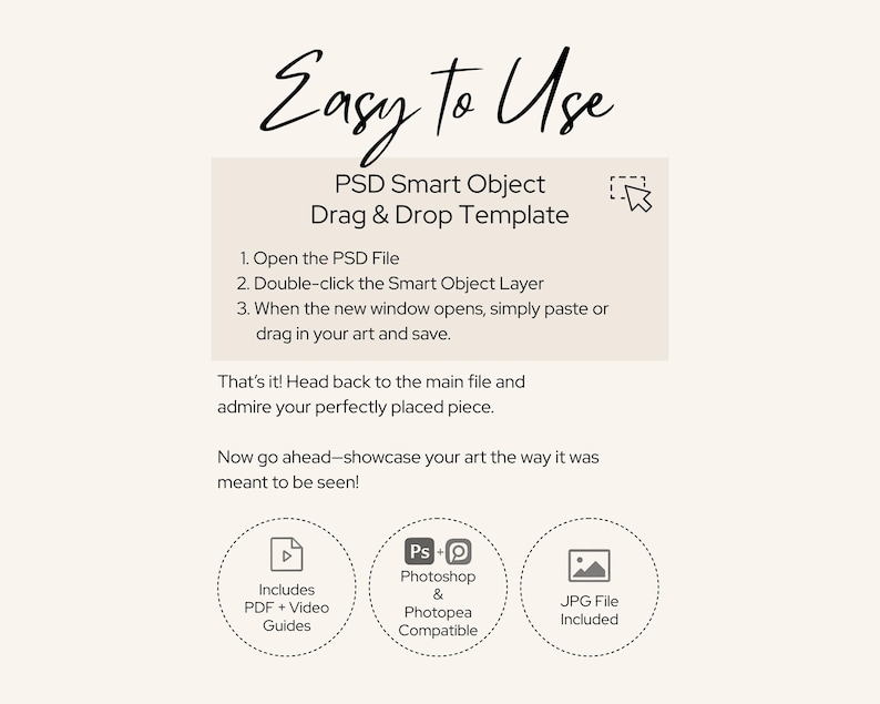 May include: Cream-colored graphic with the text "Easy to Use" in a handwritten font. The image details a PSD Smart Object Drag & Drop Template, with instructions and icons for PDF guides, Photoshop compatibility, and JPG file inclusion.
