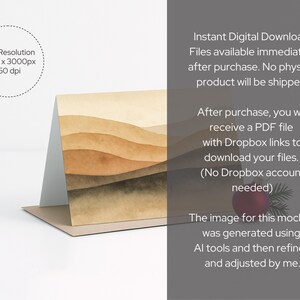 May include: A folded greeting card with a watercolor landscape design in shades of brown and beige. The card is on a brown surface. The image text says "High Resolution 3750 x 3000px 150 dpi".