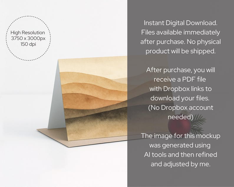 May include: A folded greeting card with a watercolor landscape design in shades of brown and beige. The card is on a brown surface. The image text says "High Resolution 3750 x 3000px 150 dpi".