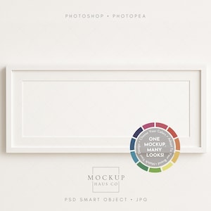 May include: A rectangular white picture frame with a white border, set against a white background. The frame is empty, with the text "PHOTOSHOP • PHOTOPEA" at the top. A colorful wheel graphic with the text "ONE MOCKUP, MANY LOOKS!" is on the right.