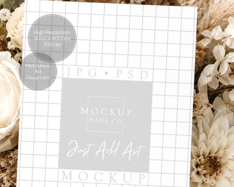 Pu&ograve; includere: Un modello bianco con motivo a griglia, con testo che recita "High Resolution 5000 x 4000px 300 dpi" e "Meticulous Art Placement". Un rettangolo grigio chiaro mostra "MOCKUP HAUS CO" e "Just Add Art".