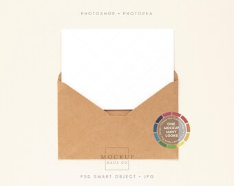 5x7 Card Envelope Mockup Greeting Card Mockup Horizontal Card Mockup Kraft Envelope with Flat Card Mock Up 5x7 Invitation Mockup PSD