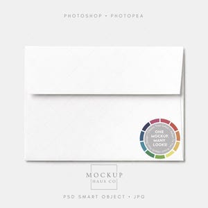 May include: A white rectangular envelope featuring a circular color wheel graphic in the bottom right corner. The graphic contains the text ONE MOCKUP, MANY LOOKS! surrounded by various colors. The top of the envelope has a triangular flap.