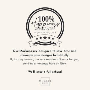 Puede incluir: Un gr&aacute;fico circular con el texto "100% Happiness Guarantee or your money back." Debajo, el texto dice: "Nuestras maquetas est&aacute;n dise&ntilde;adas para ahorrar tiempo y mostrar sus dise&ntilde;os de forma hermosa. Emitiremos un reembolso completo."