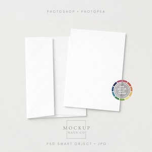 May include: A mockup featuring a white folded card with an envelope, and a color wheel. The card and envelope are on a light background. The text "PHOTOSHOP • PHOTOPEA" is at the top, and "MOCKUP HAUS CO" and "PSD SMART OBJECT • JPG" are at the bottom.