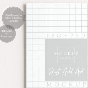 May include: A white grid background with the text "JPG &bull; PSD" and "MOCKUP HAUS CO Just Add Art MOCKUP". Two gray circles display the text "High Resolution 5000 x 4000px 300 dpi" and "Meticulous Art Placement".