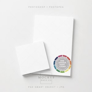 May include: A white rectangular paper mockup layered with a smaller white square paper mockup. A circular color wheel graphic with the text ONE MOCKUP MANY LOOKS is printed on the larger paper. The text PHOTOSHOP PHOTOPEA and MOCKUP HAUS CO PSD SMART OBJECT JPG are visible.