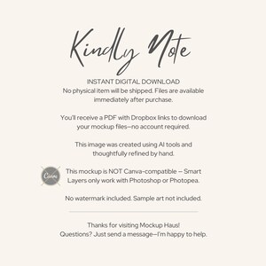 May include: Cream-colored digital download information sheet with the words "Kindly Note" in elegant script. Text details instant digital download, no physical item, and Canva compatibility. Includes a Canva logo.